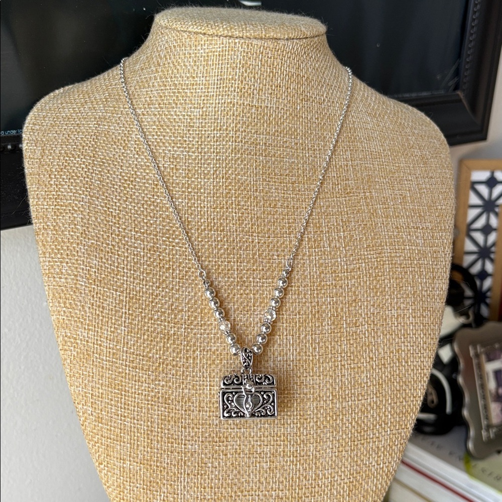 NWT Silver  Beaded Necklace with Ornate Box Pendant Holding the Lord’s Prayer
